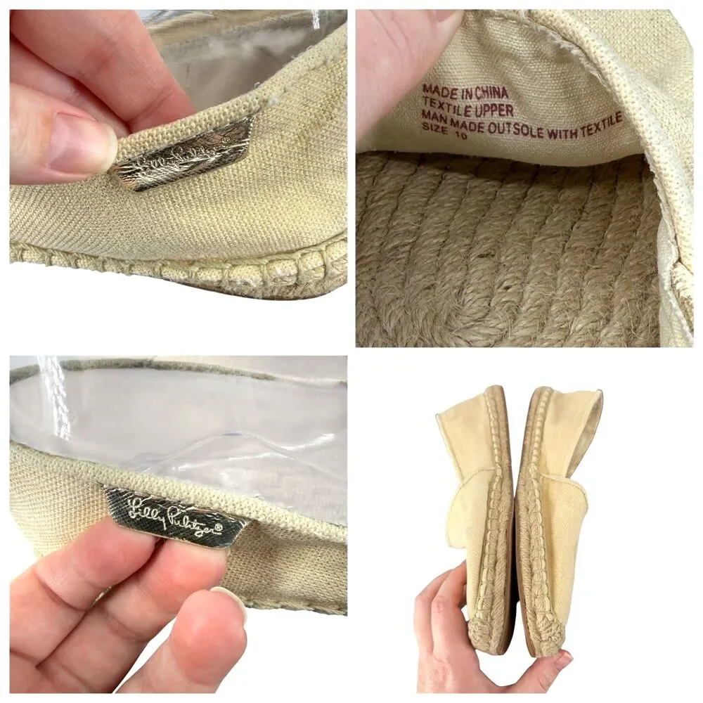 Lilly Pulitzer Lia Espadrille Flats 10 Beige Gold Canvas Slip On Round Toe Jute